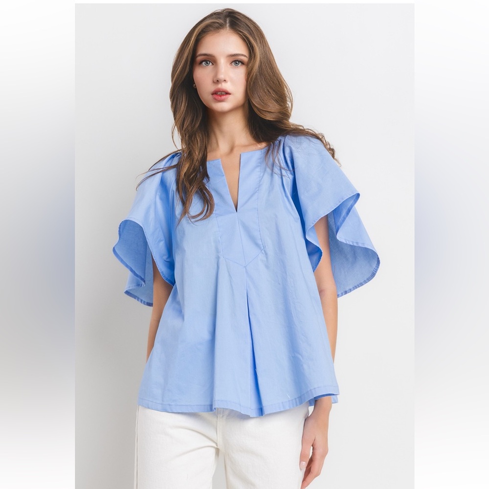30 Boho Solid Flutter Sleeve Split Neck Top - Picture 4 of 6